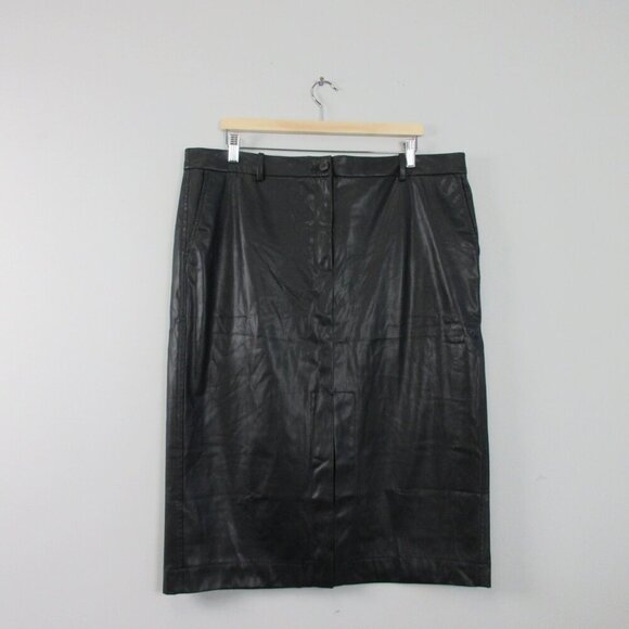 J Crew Women Faux Leather Pencil Skirt 18 Black Midi Front Slit Party Luxury 364 - Picture 1 of 14